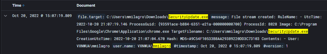 Event log showing Google Chrome downloading the security update .exe file