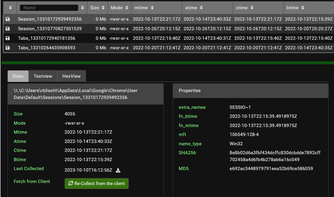 List of files found in the Chrome Sessions folder found with Velociraptor